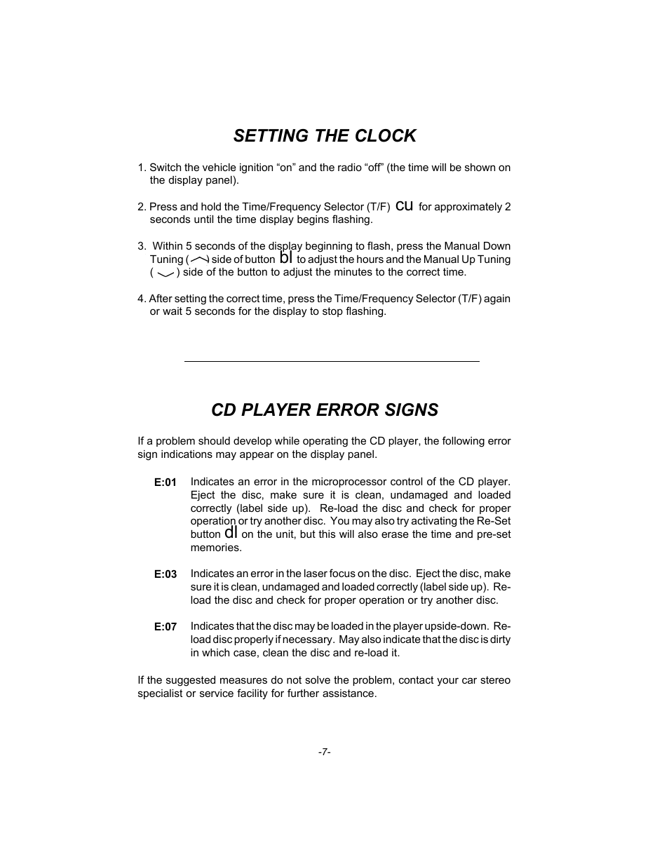 Setting the clock, Cd player error signs | Audiovox GC-600 User Manual | Page 8 / 12