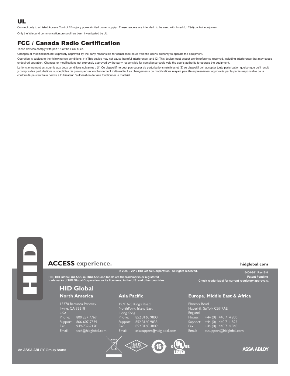 Access experience, Hid global, Fcc / canada radio certification | HID multiCLASS / Magnetic Stripe with Keypad Installation Guide User Manual | Page 10 / 10