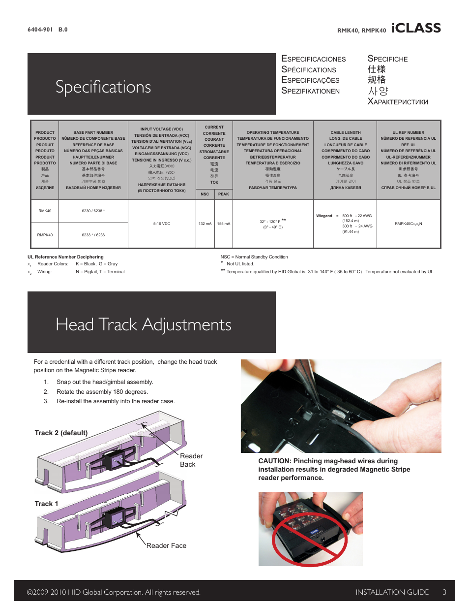 Specifications, Head track adjustments, Iclass | 仕様 规格, Track 2 (default) track 1 reader back reader face, Specificaciones, Pécifications, Specificações, Pezifikationen, Pecifiche | HID multiCLASS / Magnetic Stripe with Keypad Installation Guide User Manual | Page 3 / 10