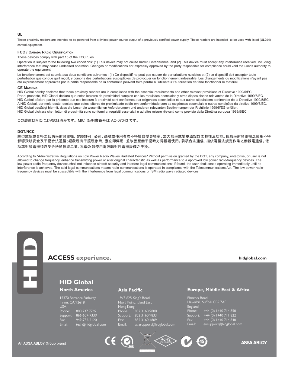 Regulatory, Access experience, Hid global | North america, Asia pacific, Europe, middle east & africa | HID multiCLASS RP Series Hi-O Installation Guide User Manual | Page 6 / 6