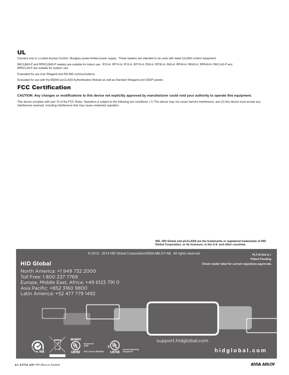 Hid global, Fcc certification | HID pivClass Installation Guide User Manual | Page 8 / 8