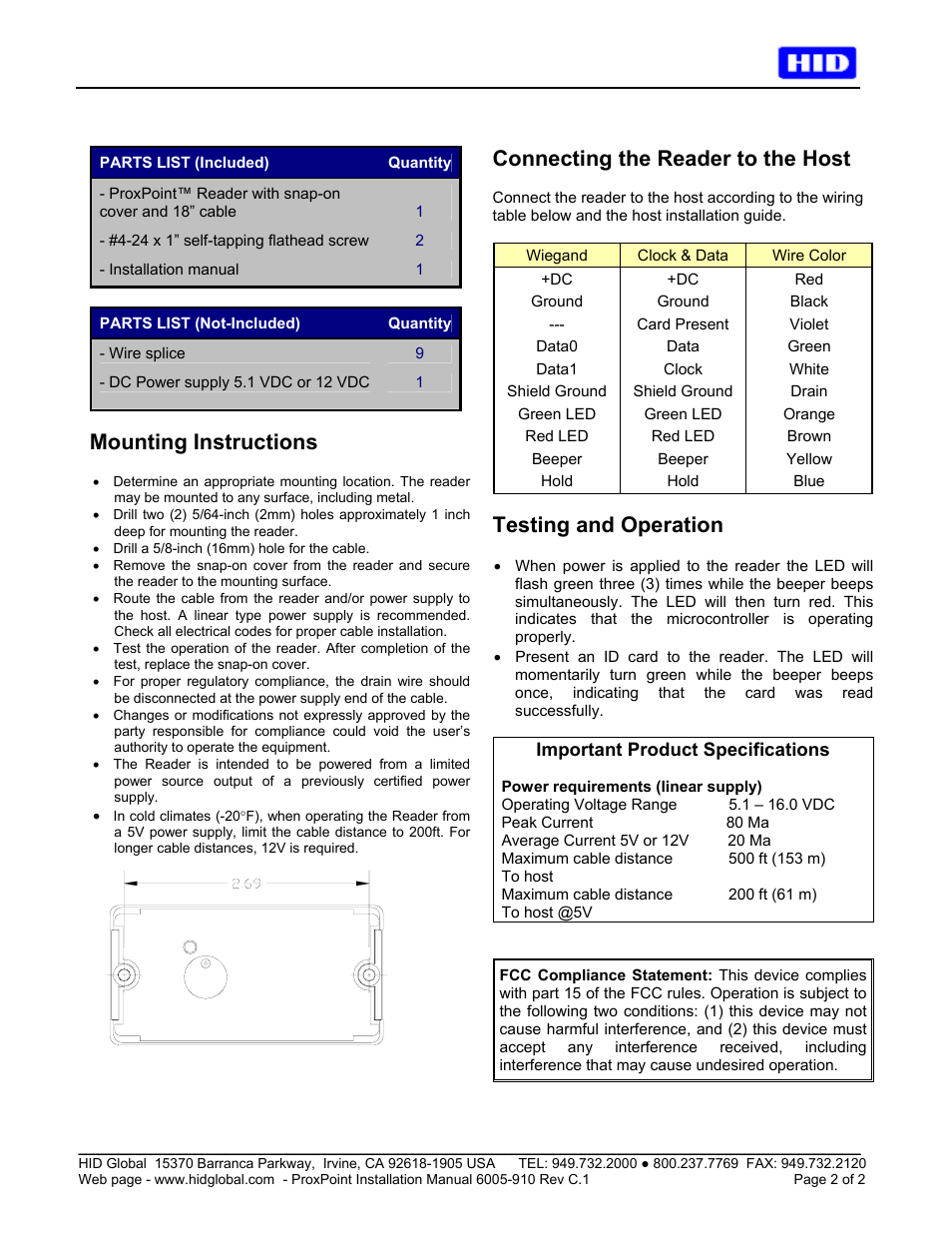 Mounting instructions, Connecting the reader to the host, Testing and operation | HID ProxPoint Plus Installation Guide User Manual | Page 2 / 2