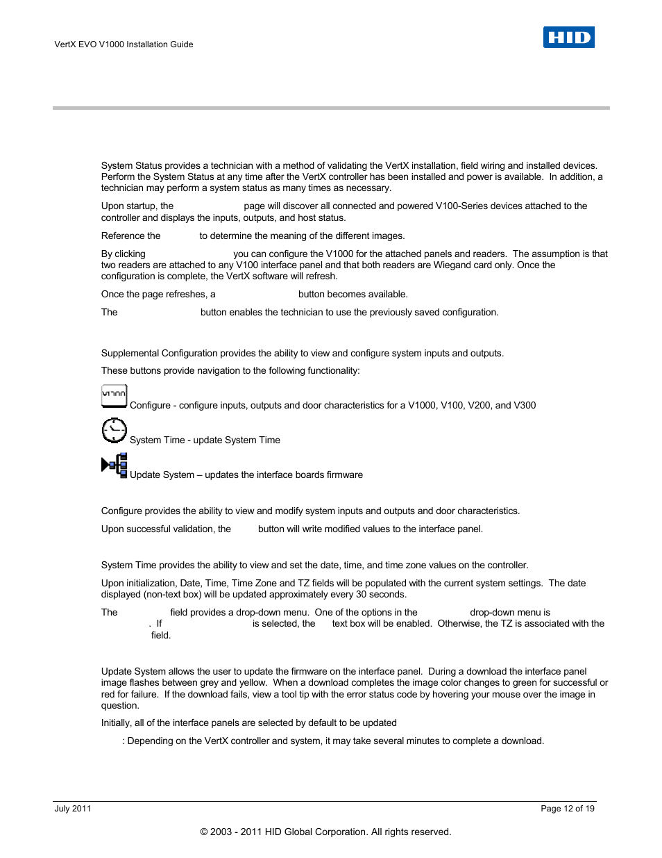 Appendices, Trouble-shooting, System status | Supplemental configuration, Configure, System time, Update system | HID VertX EVO V1000 Installation Guide User Manual | Page 12 / 19