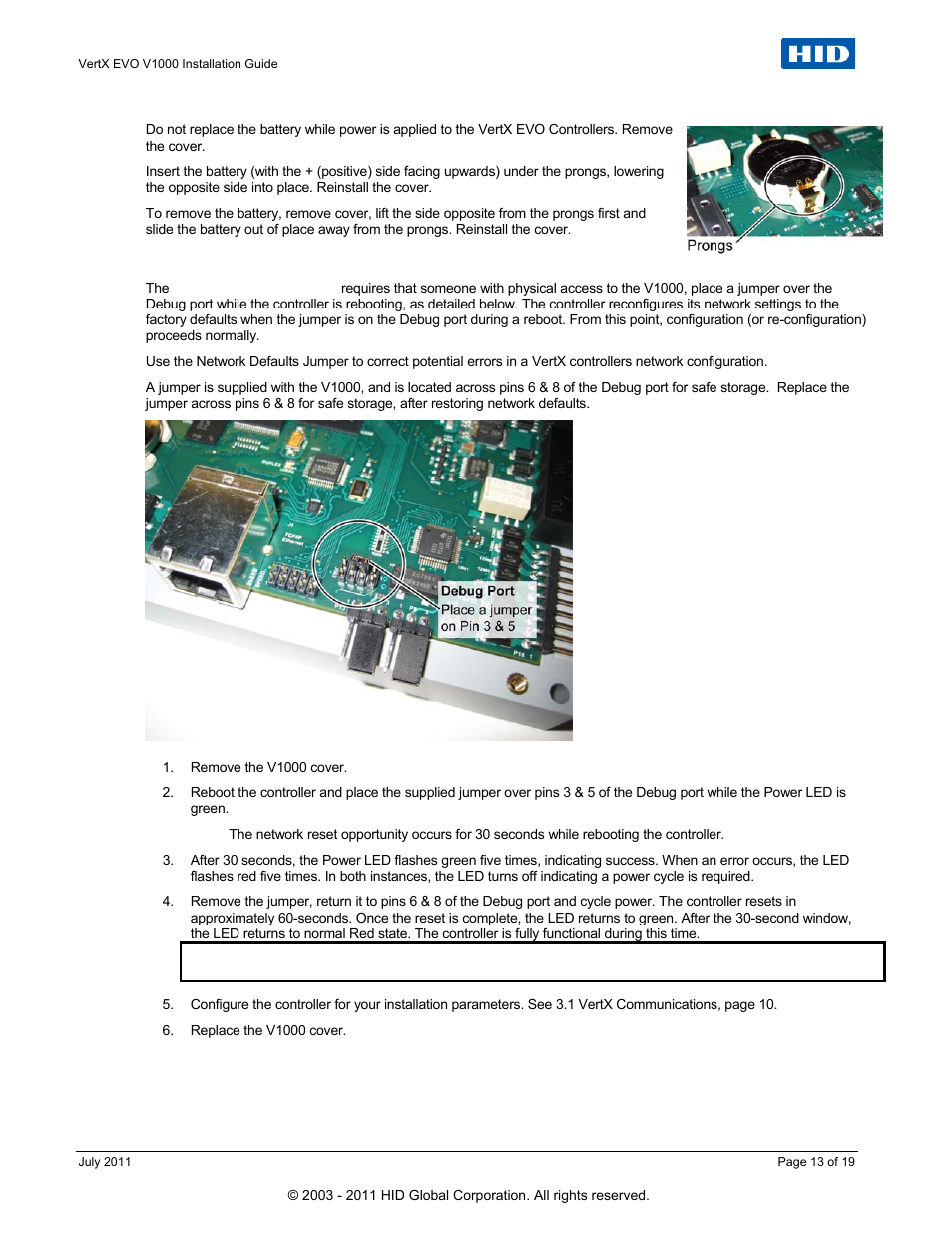 Battery replacement, Network defaults jumper | HID VertX EVO V1000 Installation Guide User Manual | Page 13 / 19
