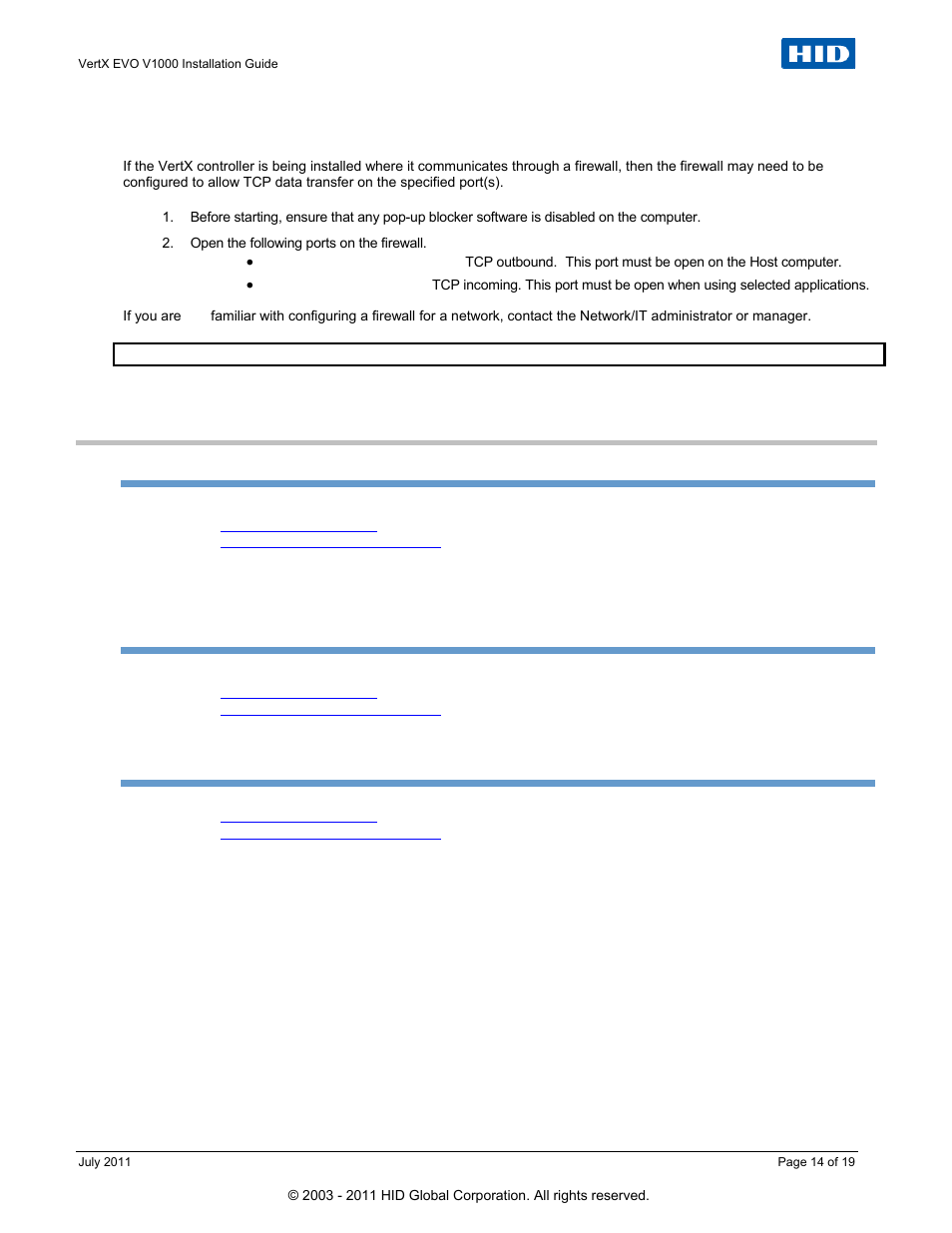 Firewall, Contact information | HID VertX EVO V1000 Installation Guide User Manual | Page 14 / 19
