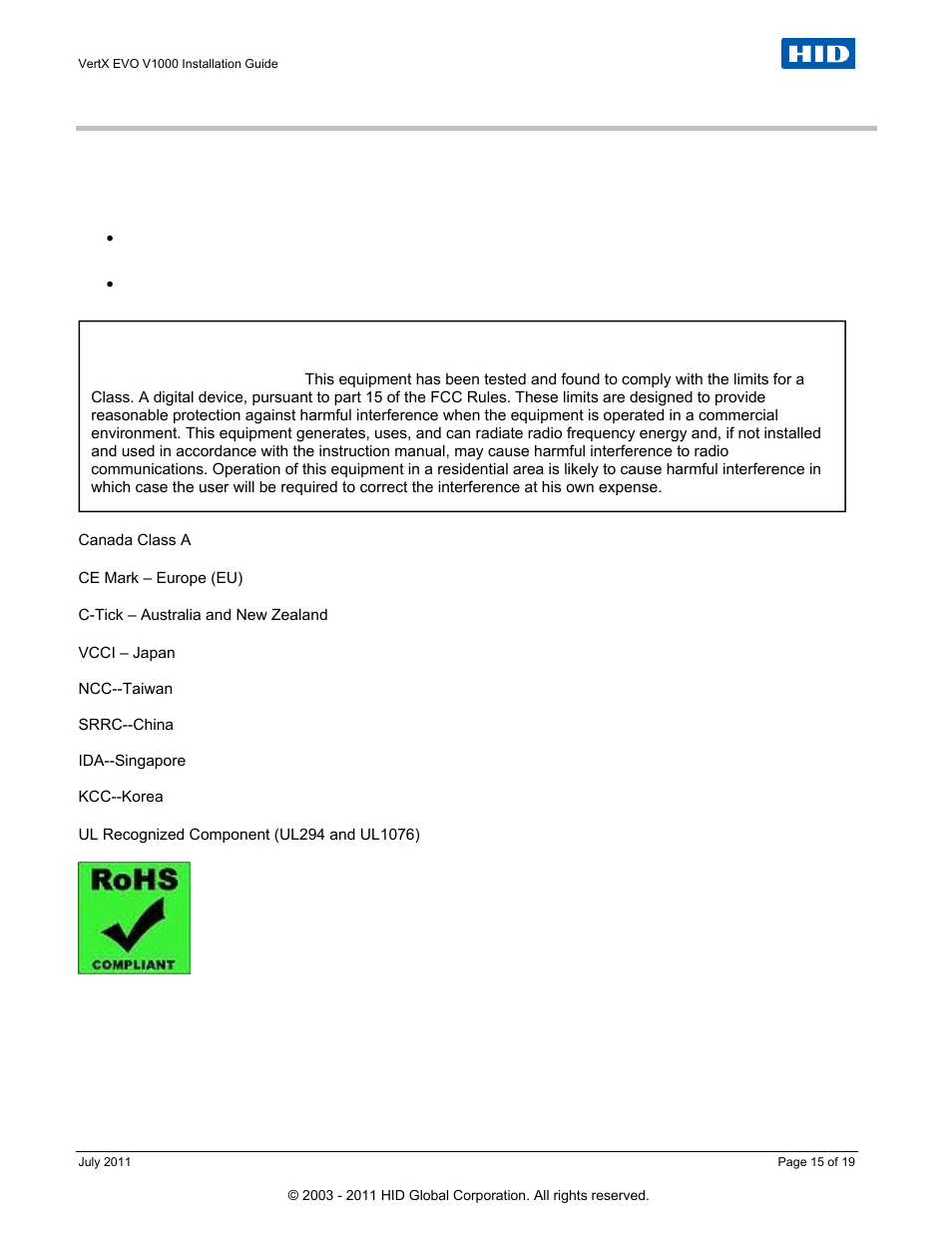 Regulatory | HID VertX EVO V1000 Installation Guide User Manual | Page 15 / 19