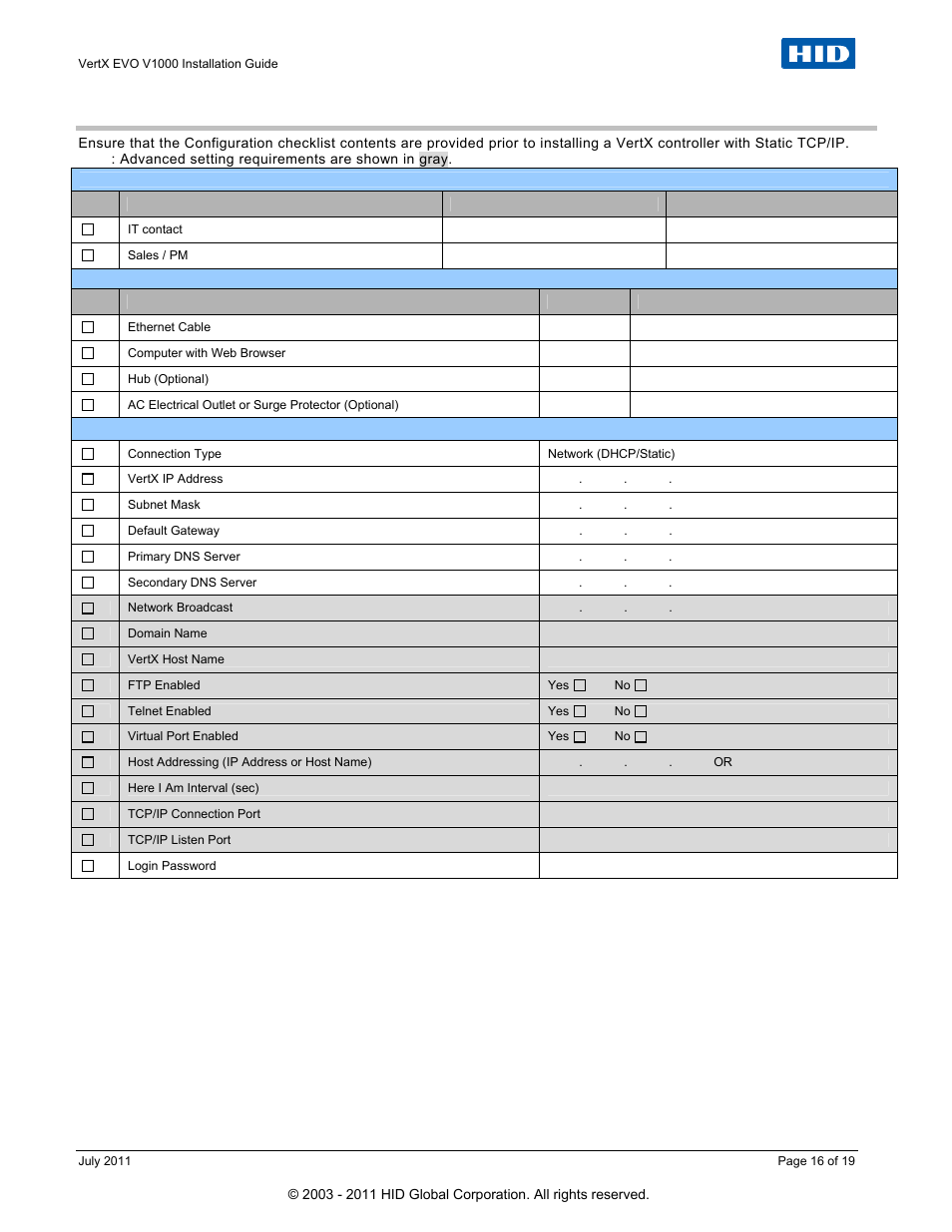 Configuration checklist - static | HID VertX EVO V1000 Installation Guide User Manual | Page 16 / 19