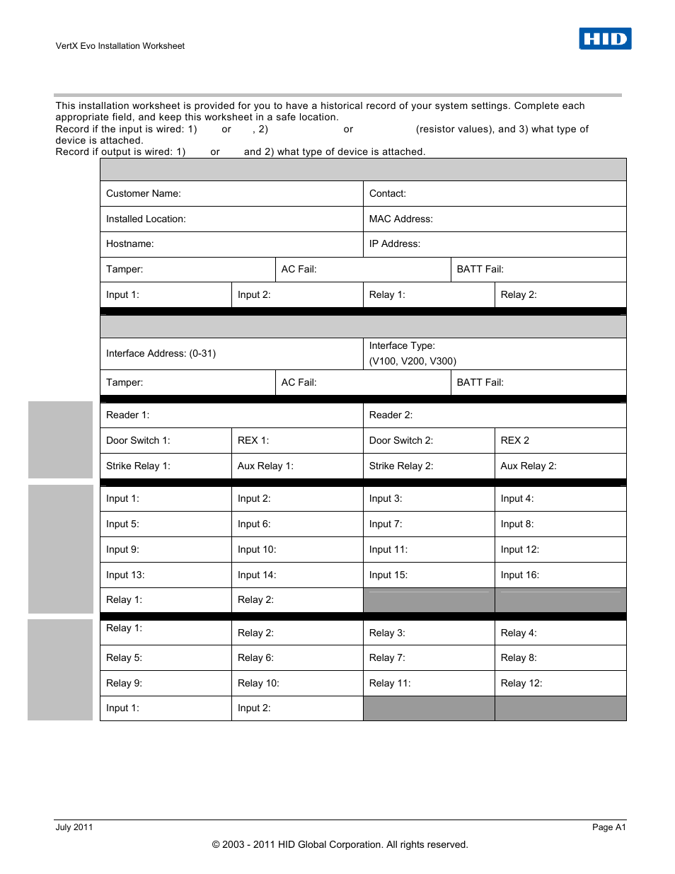 Vertx installation worksheet | HID VertX EVO V1000 Installation Guide User Manual | Page 18 / 19