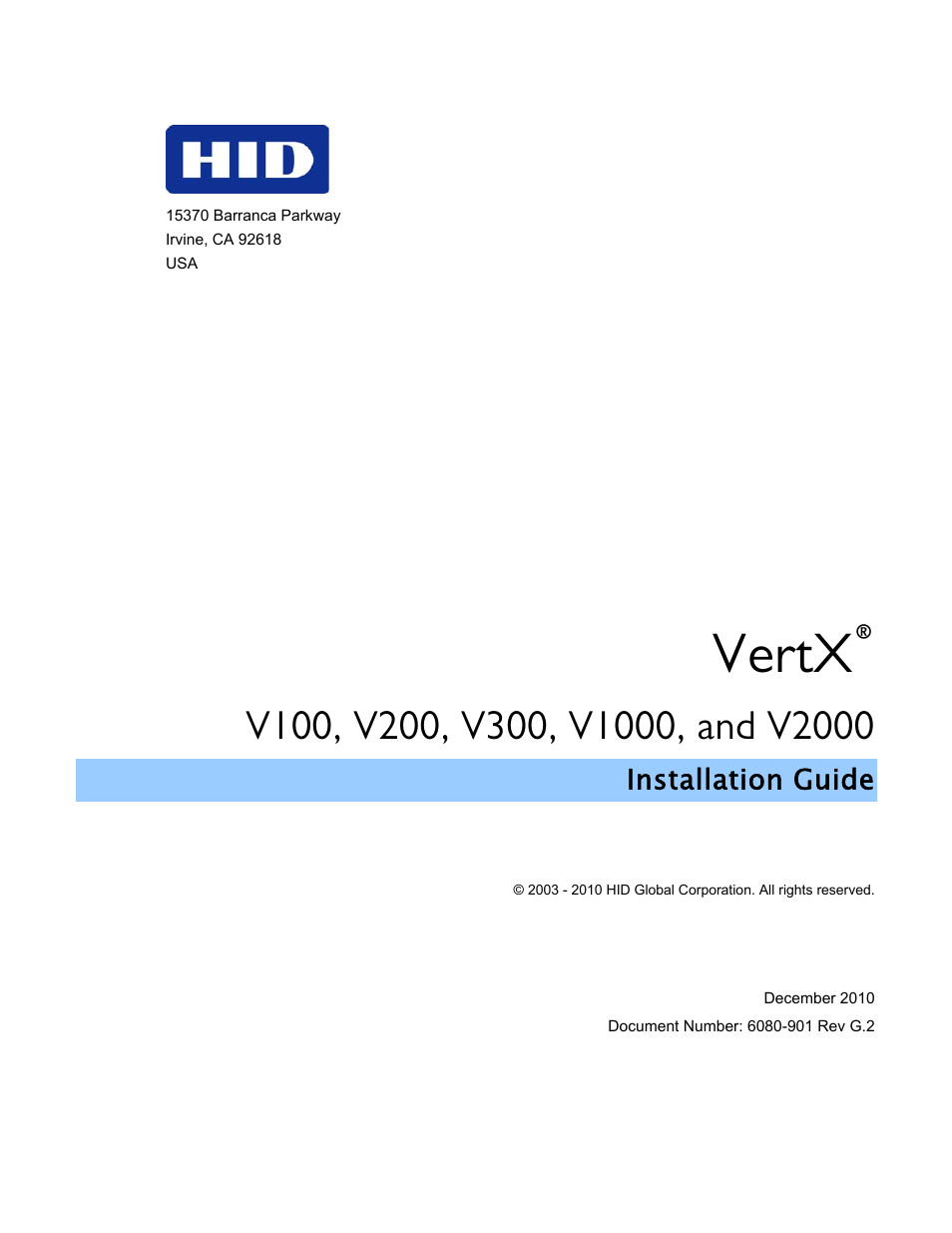 HID VertX V100, V200, V300, V1000, and V2000 Installation Guide User Manual | 24 pages