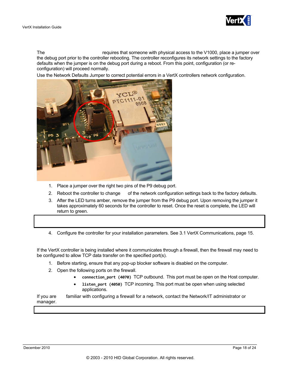 Network defaults jumper, Firewall | HID VertX V100, V200, V300, V1000, and V2000 Installation Guide User Manual | Page 18 / 24