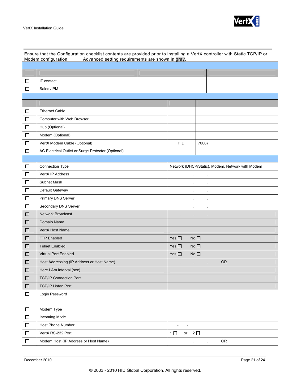 Configuration checklist - static and modem, Static tcp/ip addressing (see, Configuration checklist | Changes using the information collected on the, Configuration, Checklist, Collected on the | HID VertX V100, V200, V300, V1000, and V2000 Installation Guide User Manual | Page 21 / 24