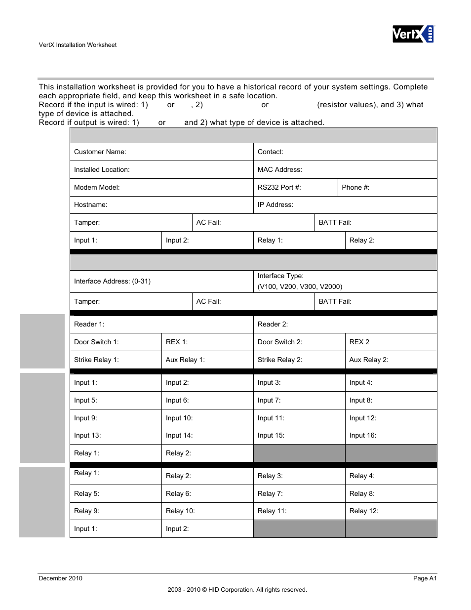 Vertx installation worksheet | HID VertX V100, V200, V300, V1000, and V2000 Installation Guide User Manual | Page 23 / 24