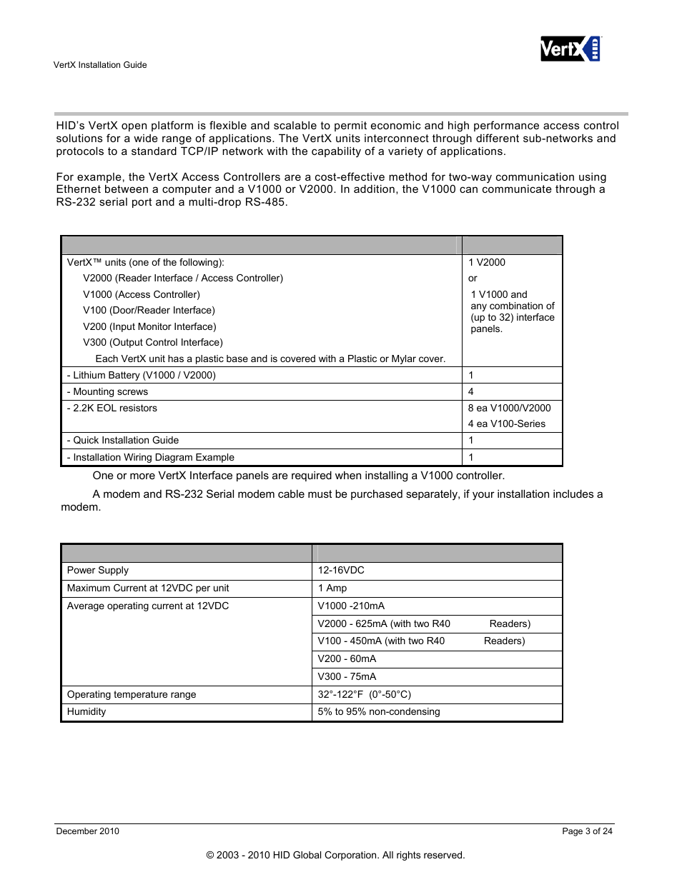 Introduction, Parts list, Product specifications | HID VertX V100, V200, V300, V1000, and V2000 Installation Guide User Manual | Page 3 / 24