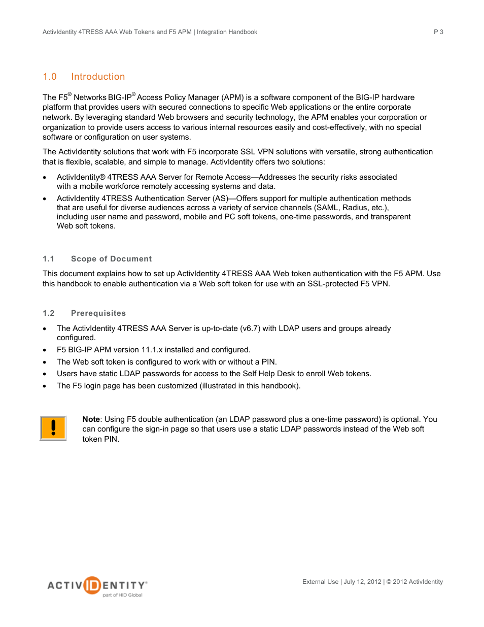 0 introduction, 1 scope of document, 2 prerequisites | Introduction, Scope of document, Prerequisites | HID ActivID 4TRESS AAA Server and F5 BIG-IP User Manual | Page 3 / 29