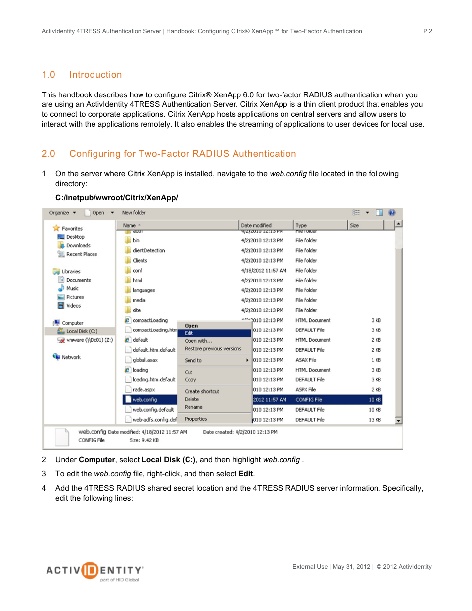 0 introduction, 0 configuring for two-factor radius authentication | HID ActivID 4TRESS AS and Citrix XenApp User Manual | Page 2 / 10