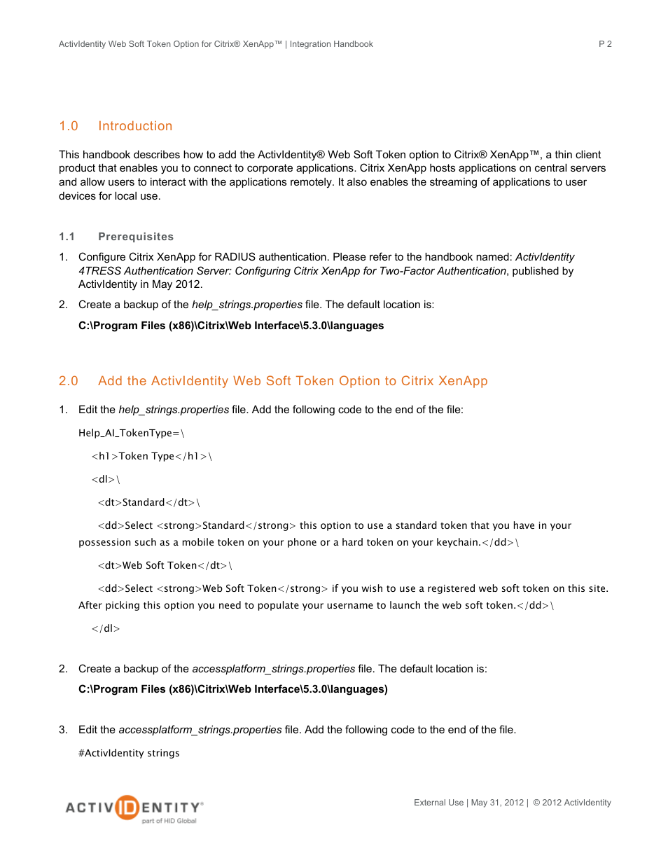 0 introduction, 1 prerequisites | HID ActivID Web Soft Token and Citrix XenApp User Manual | Page 2 / 15