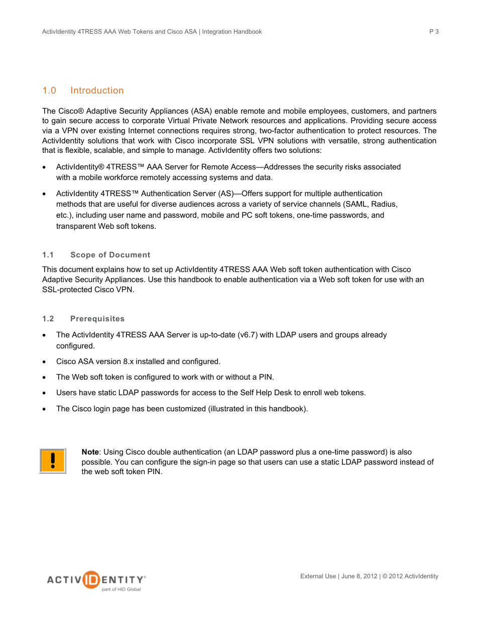 0 introduction, 1 scope of document, 2 prerequisites | Introduction, Scope of document, Prerequisites | HID Cisco ASA and 4TRESS AAA Server User Manual | Page 3 / 31