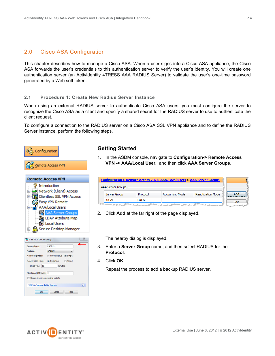 0 cisco asa configuration, 1 procedure 1: create new radius server instance, Cisco asa configuration | Procedure 1: create new radius server instance | HID Cisco ASA and 4TRESS AAA Server User Manual | Page 4 / 31