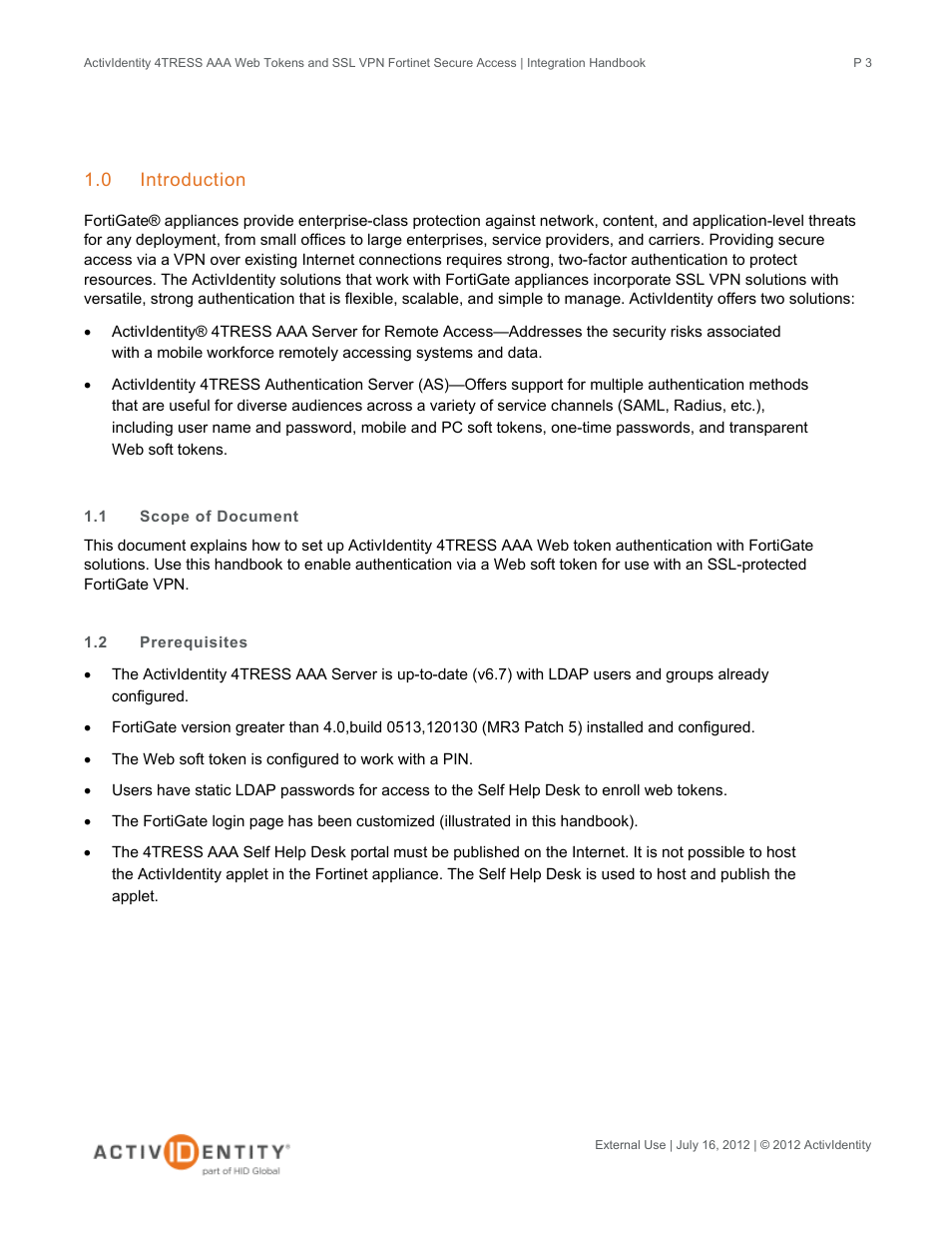 0 introduction, 1 scope of document, 2 prerequisites | Introduction, Scope of document, Prerequisites | HID Fortinet and AAA Server User Manual | Page 3 / 28