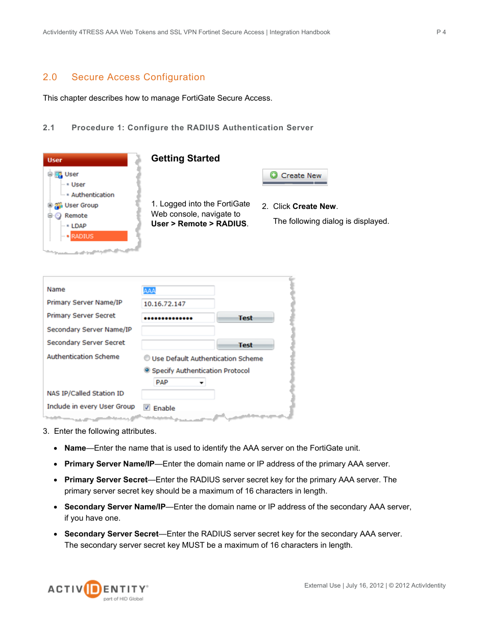 0 secure access configuration, Secure access configuration | HID Fortinet and AAA Server User Manual | Page 4 / 28