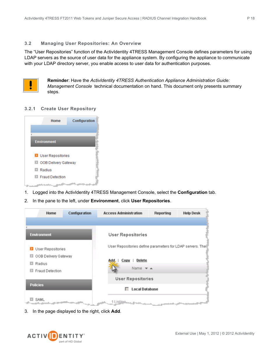 2 managing user repositories: an overview, 1 create user repository, Managing user repositories: an overview | Create user repository | HID Juniper and 4TRESS AS User Manual | Page 18 / 30