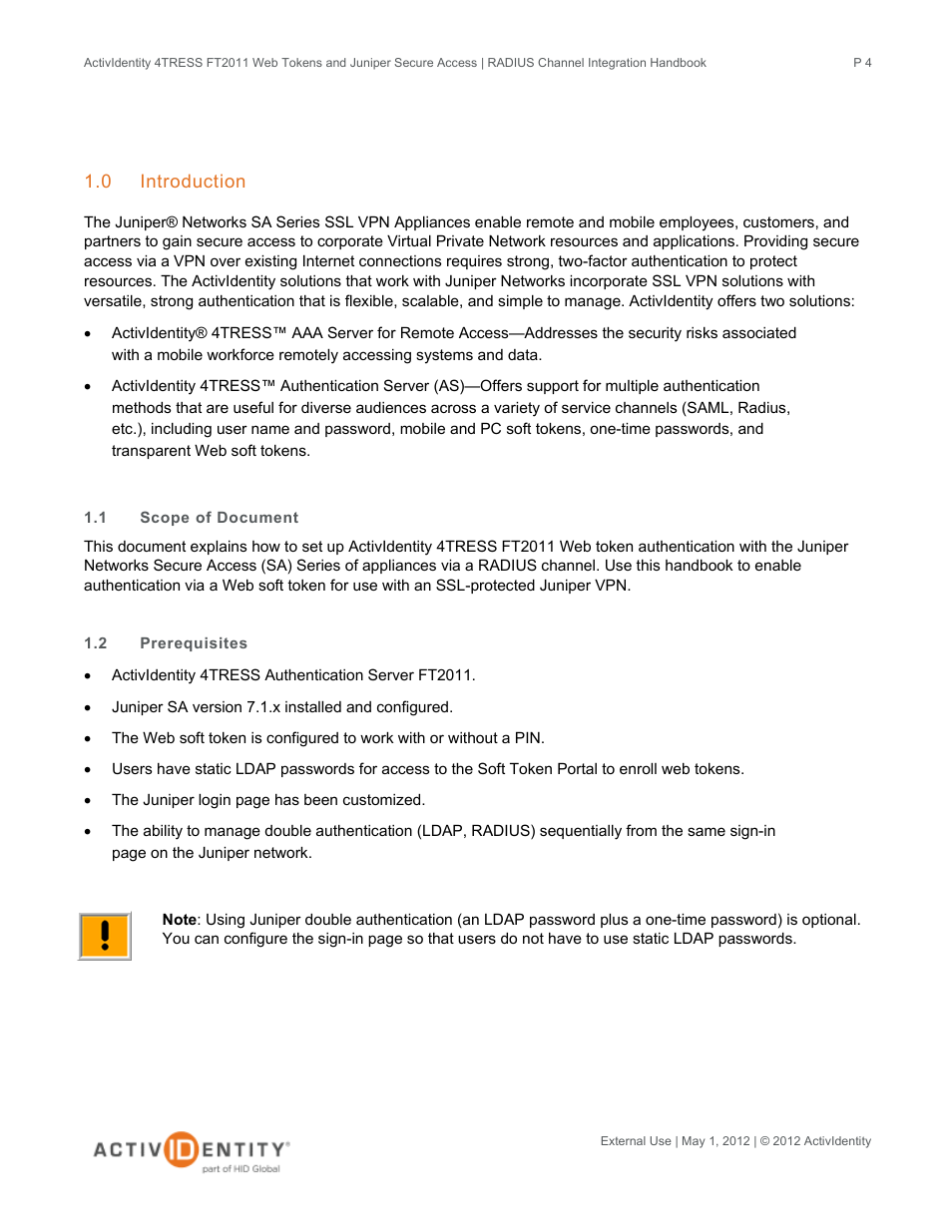 0 introduction, 1 scope of document, 2 prerequisites | Introduction, Scope of document, Prerequisites | HID Juniper and 4TRESS AS User Manual | Page 4 / 30