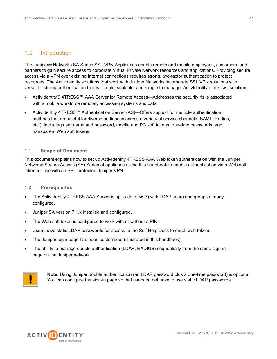 0 introduction, 1 scope of document, 2 prerequisites | Introduction, Scope of document, Prerequisites | HID Juniper and AAA Server User Manual | Page 4 / 28