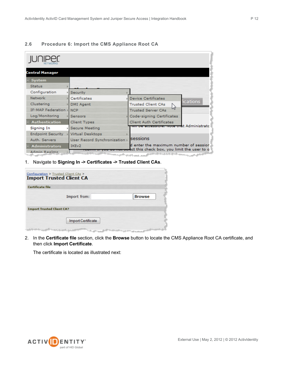 6 procedure 6: import the cms appliance root ca, Procedure 6: import the cms appliance root ca | HID Juniper and CMS User Manual | Page 12 / 15