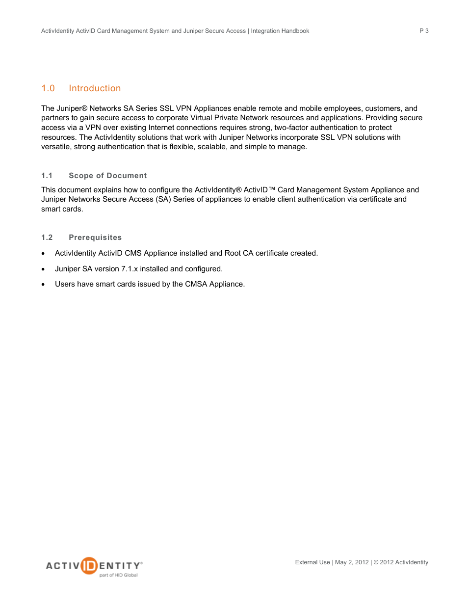 0 introduction, 1 scope of document, 2 prerequisites | Introduction, Scope of document, Prerequisites | HID Juniper and CMS User Manual | Page 3 / 15