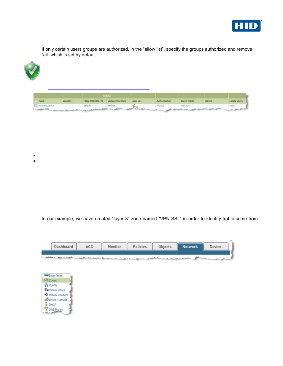 Configuring the ssl vpn global protect, Configuring the security zone | HID Palo Alto Networks and ActivID AAA User Manual | Page 7 / 26