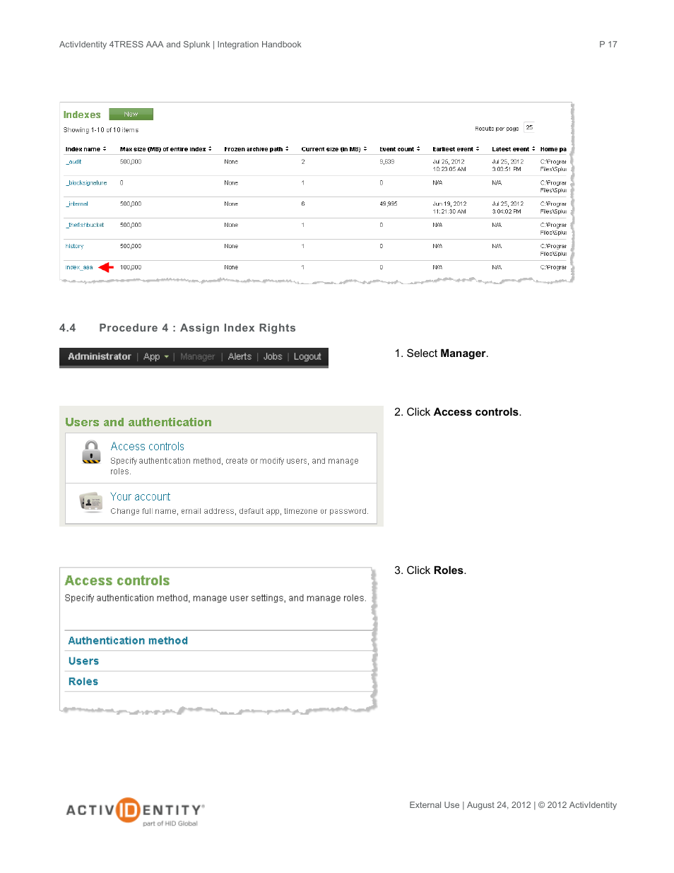 4 procedure 4 : assign index rights, Procedure 4 : assign index rights | HID Splunk and AAA Server User Manual | Page 17 / 33