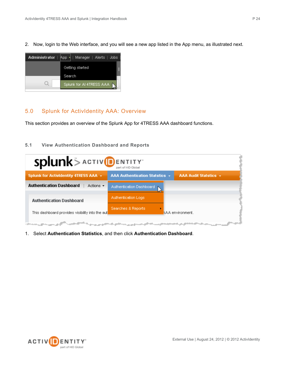 0 splunk for actividentity aaa: overview, Splunk for actividentity aaa: overview, View authentication dashboard and reports | HID Splunk and AAA Server User Manual | Page 24 / 33