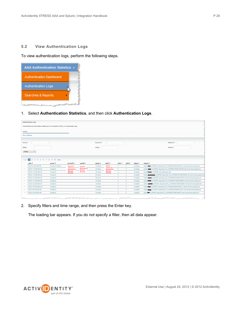 2 view authentication logs, View authentication logs | HID Splunk and AAA Server User Manual | Page 28 / 33