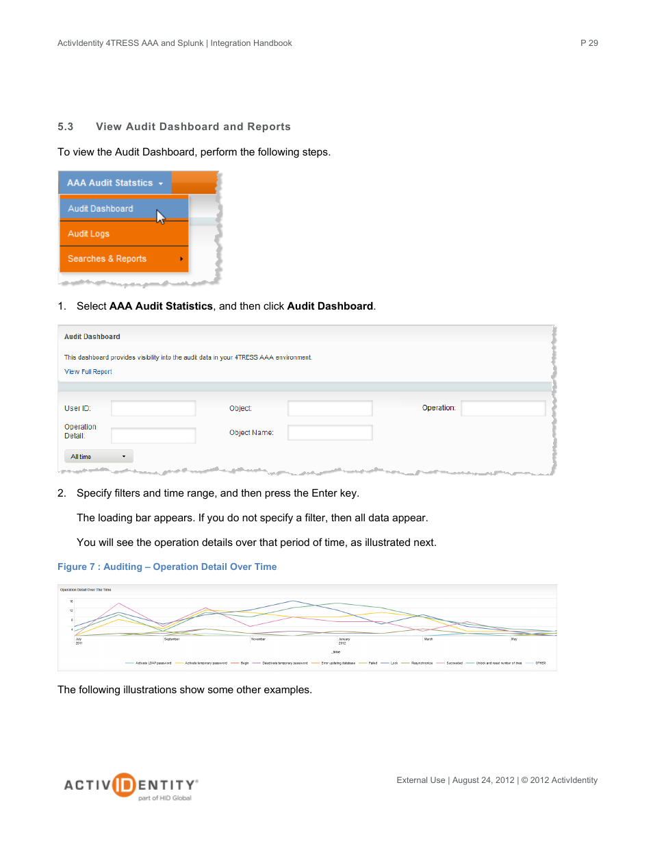 3 view audit dashboard and reports, View audit dashboard and reports | HID Splunk and AAA Server User Manual | Page 29 / 33