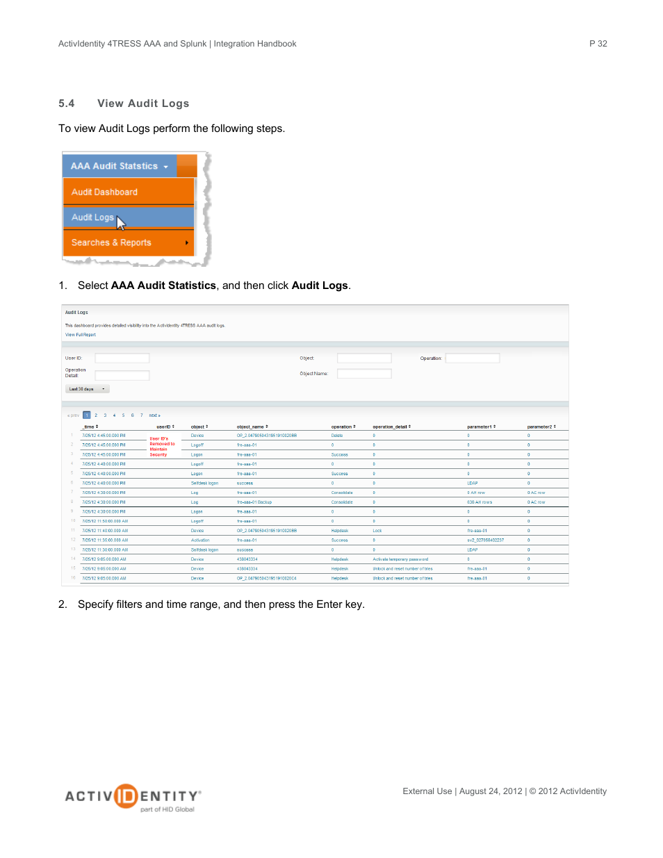 4 view audit logs, View audit logs | HID Splunk and AAA Server User Manual | Page 32 / 33