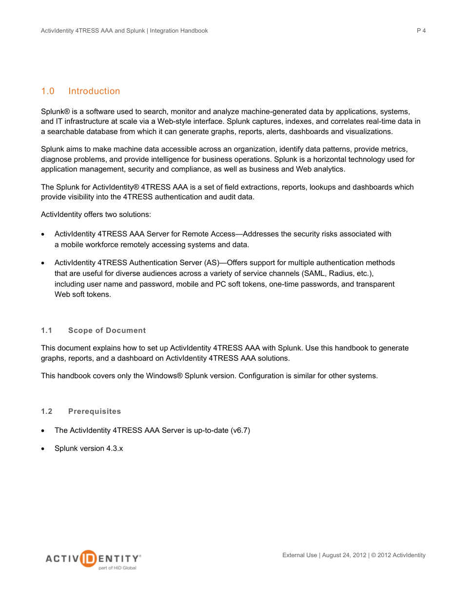 0 introduction, 1 scope of document, 2 prerequisites | Introduction, Scope of document, Prerequisites | HID Splunk and AAA Server User Manual | Page 4 / 33