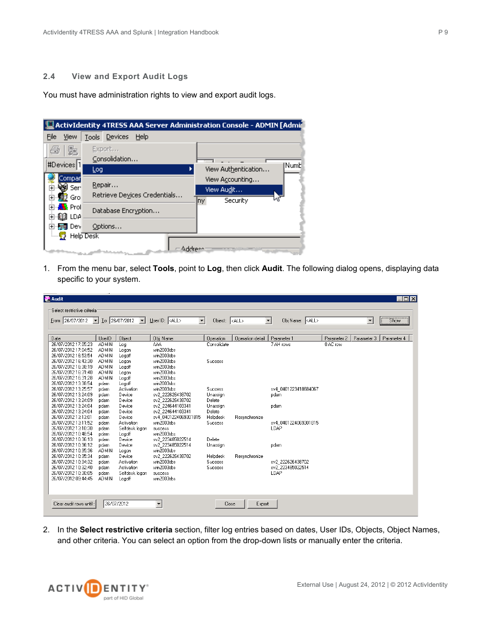 4 view and export audit logs, View and export audit logs | HID Splunk and AAA Server User Manual | Page 9 / 33