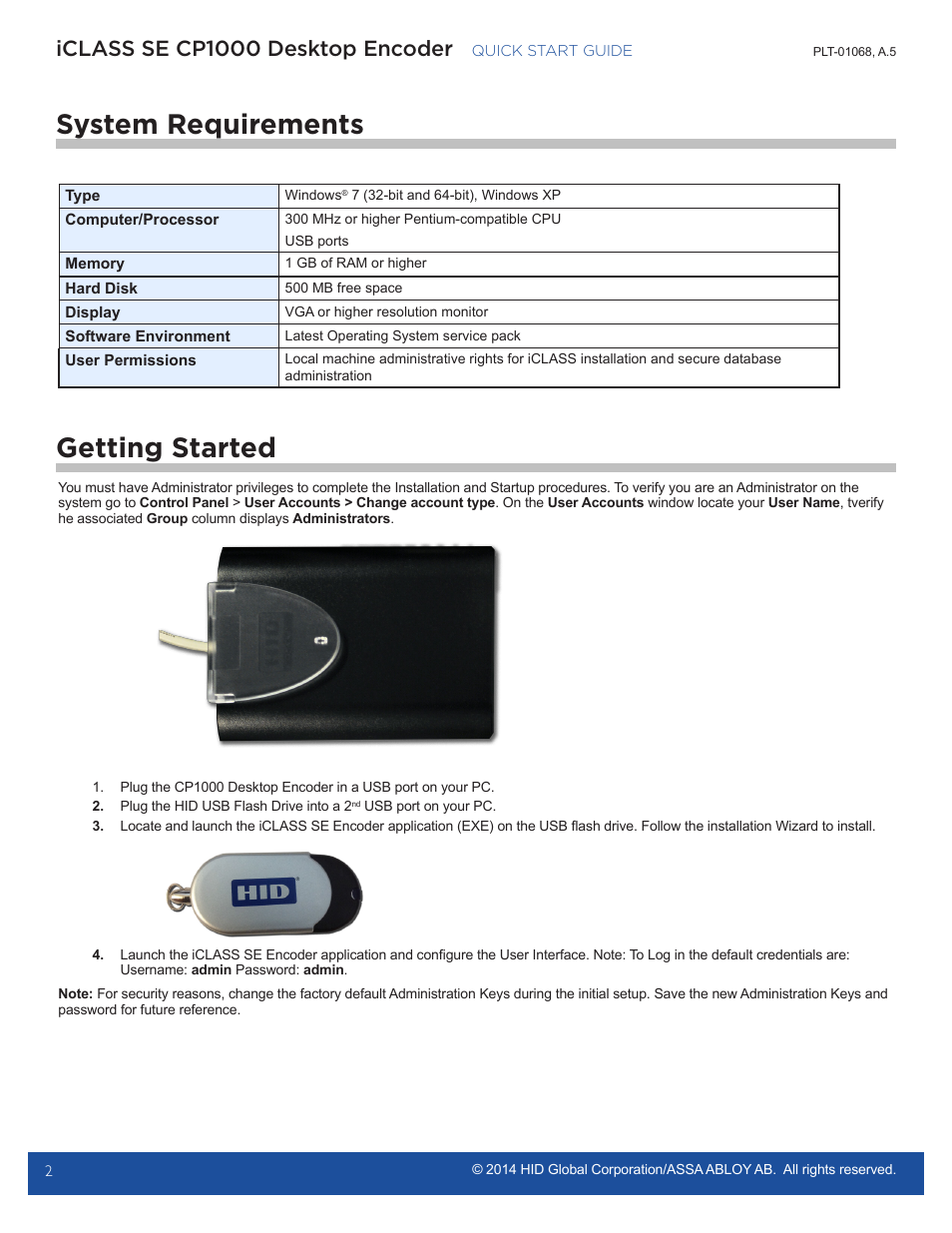 System requirements, Getting started, Iclass se cp1000 desktop encoder | HID iCLASS SE Encoder Quick Start Guide User Manual | Page 2 / 6