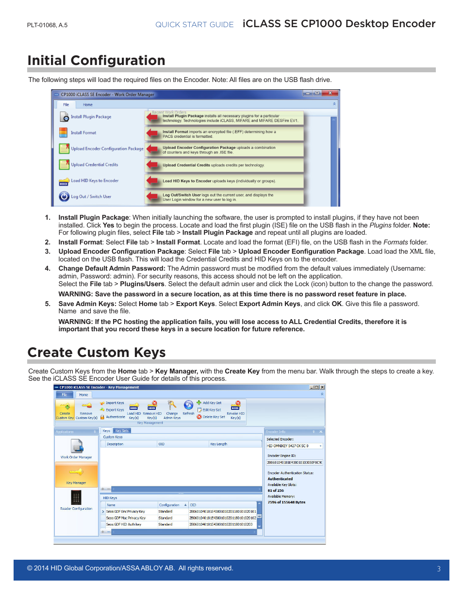 Initial configuration, Create custom keys, Iclass se cp1000 desktop encoder | HID iCLASS SE Encoder Quick Start Guide User Manual | Page 3 / 6