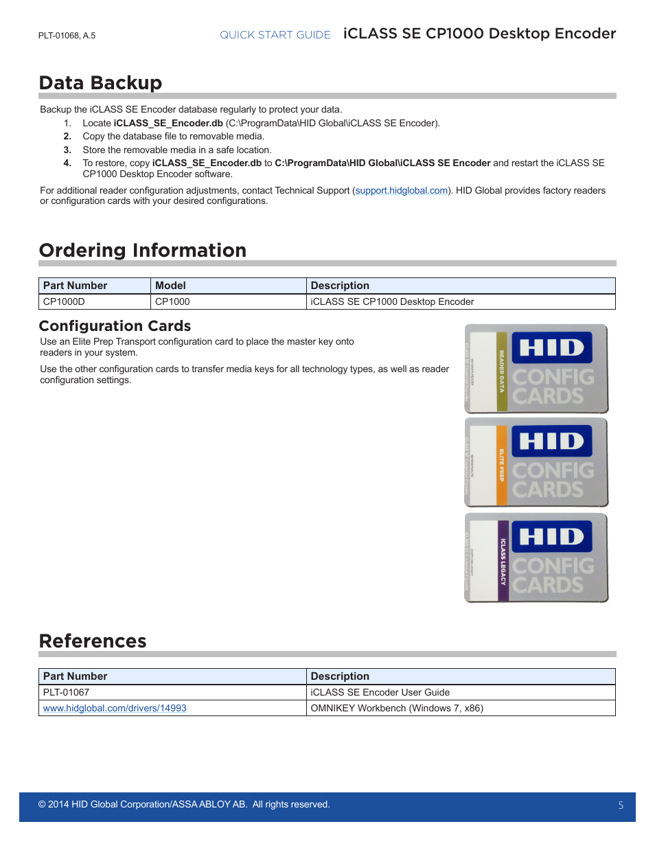 Data backup, Ordering information, References | Iclass se cp1000 desktop encoder, Configuration cards | HID iCLASS SE Encoder Quick Start Guide User Manual | Page 5 / 6