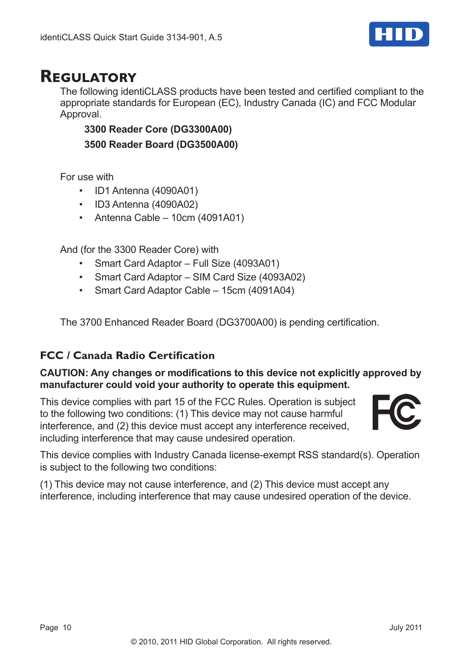 Regulatory | HID identiCLASS DTK Quick Start Guide User Manual | Page 10 / 12