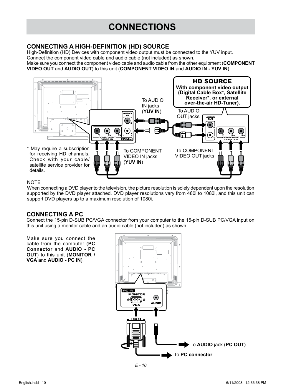 Connections, Hd source, Connecting a high-definition (hd) source | Connecting a pc | Audiovox FPE1908 User Manual | Page 10 / 19