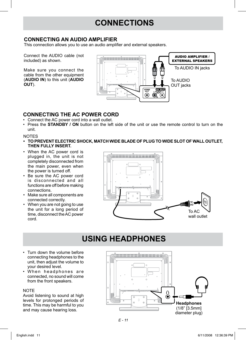 Using headphones, Connections, Connecting an audio amplifier | Connecting the ac power cord | Audiovox FPE1908 User Manual | Page 11 / 19