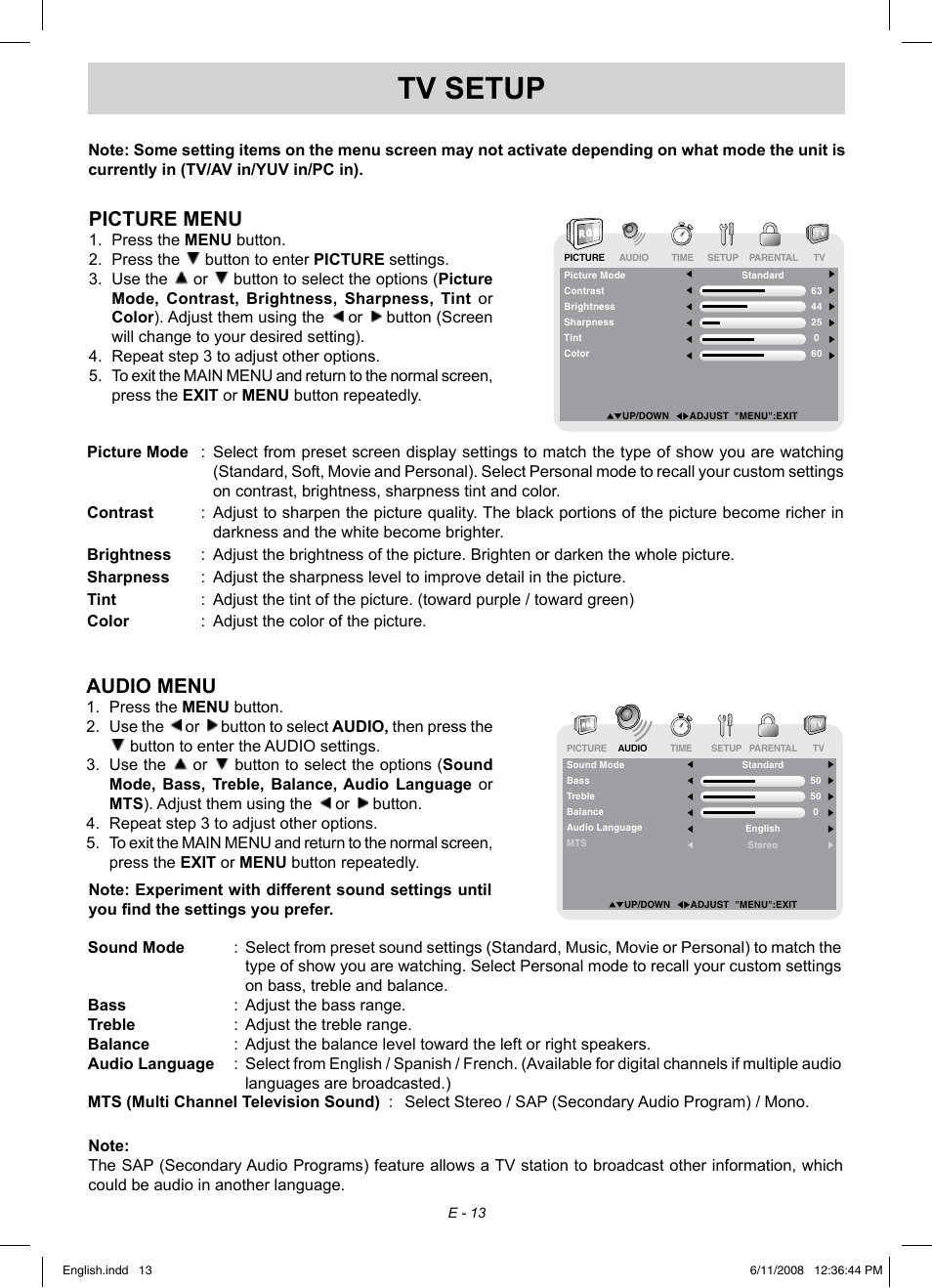 Tv setup, Picture menu, Audio menu | Audiovox FPE1908 User Manual | Page 13 / 19