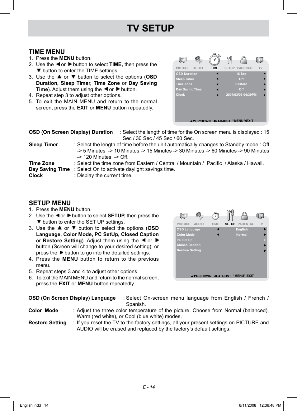 Tv setup, Time menu, Setup menu | Audiovox FPE1908 User Manual | Page 14 / 19