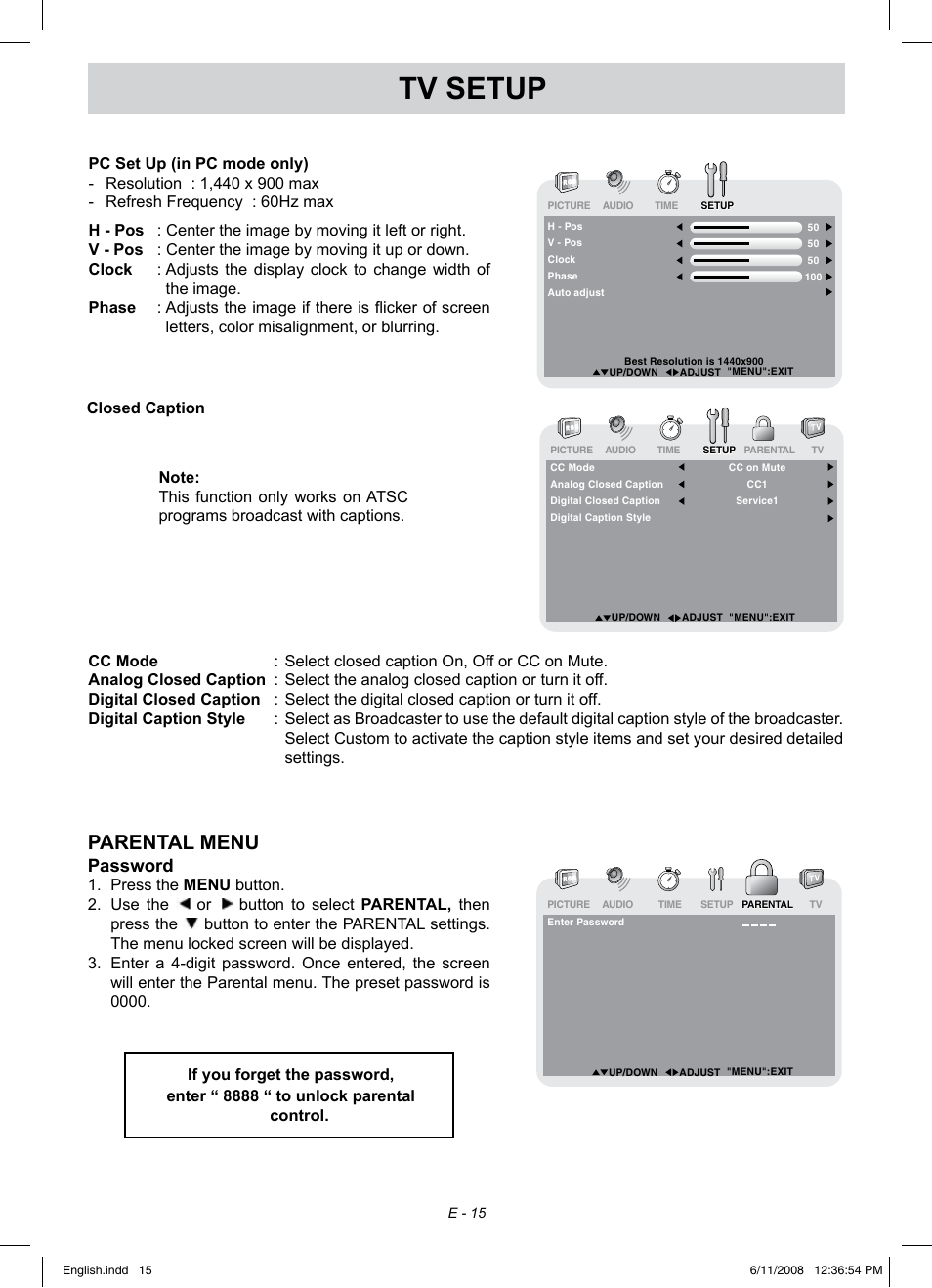 Tv setup, Parental menu, Password | Audiovox FPE1908 User Manual | Page 15 / 19