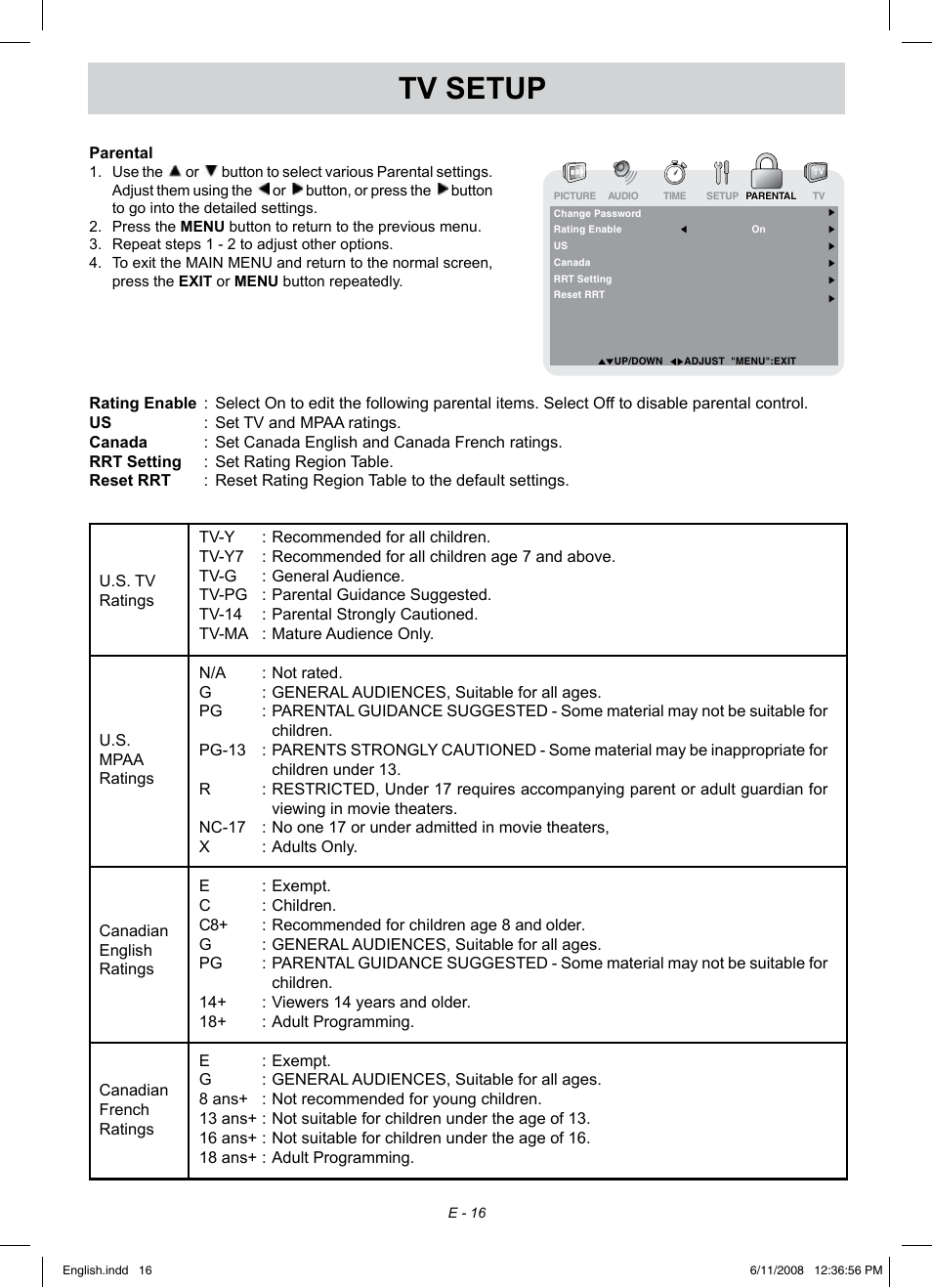 Tv setup | Audiovox FPE1908 User Manual | Page 16 / 19