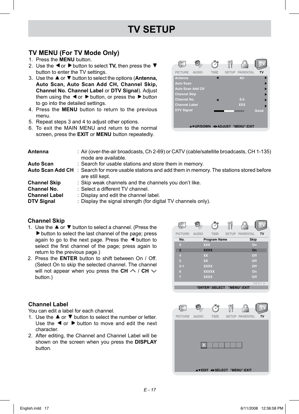 Tv setup, Tv menu (for tv mode only), Channel skip | Channel label | Audiovox FPE1908 User Manual | Page 17 / 19