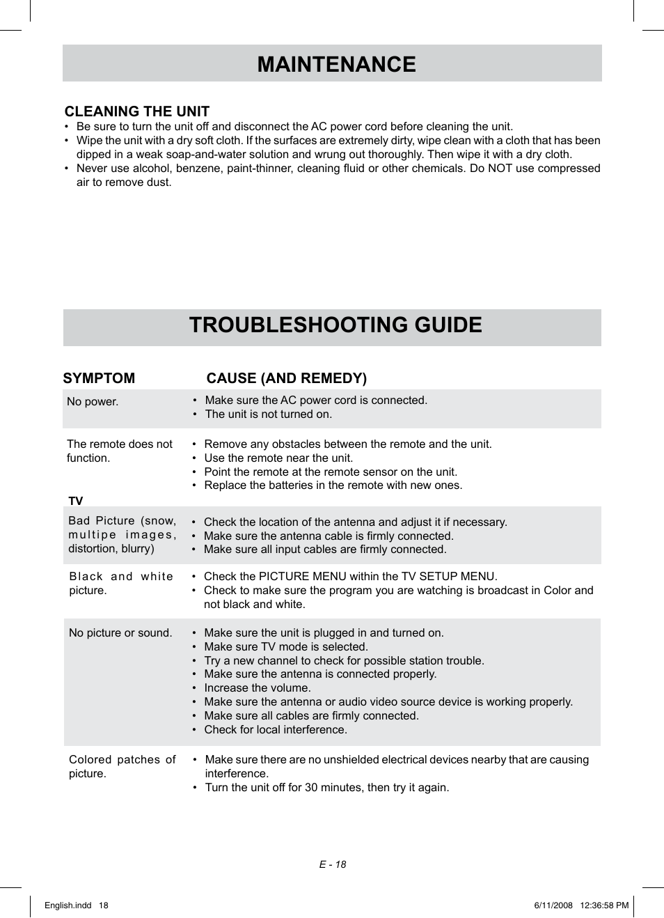 Maintenance, Troubleshooting guide | Audiovox FPE1908 User Manual | Page 18 / 19