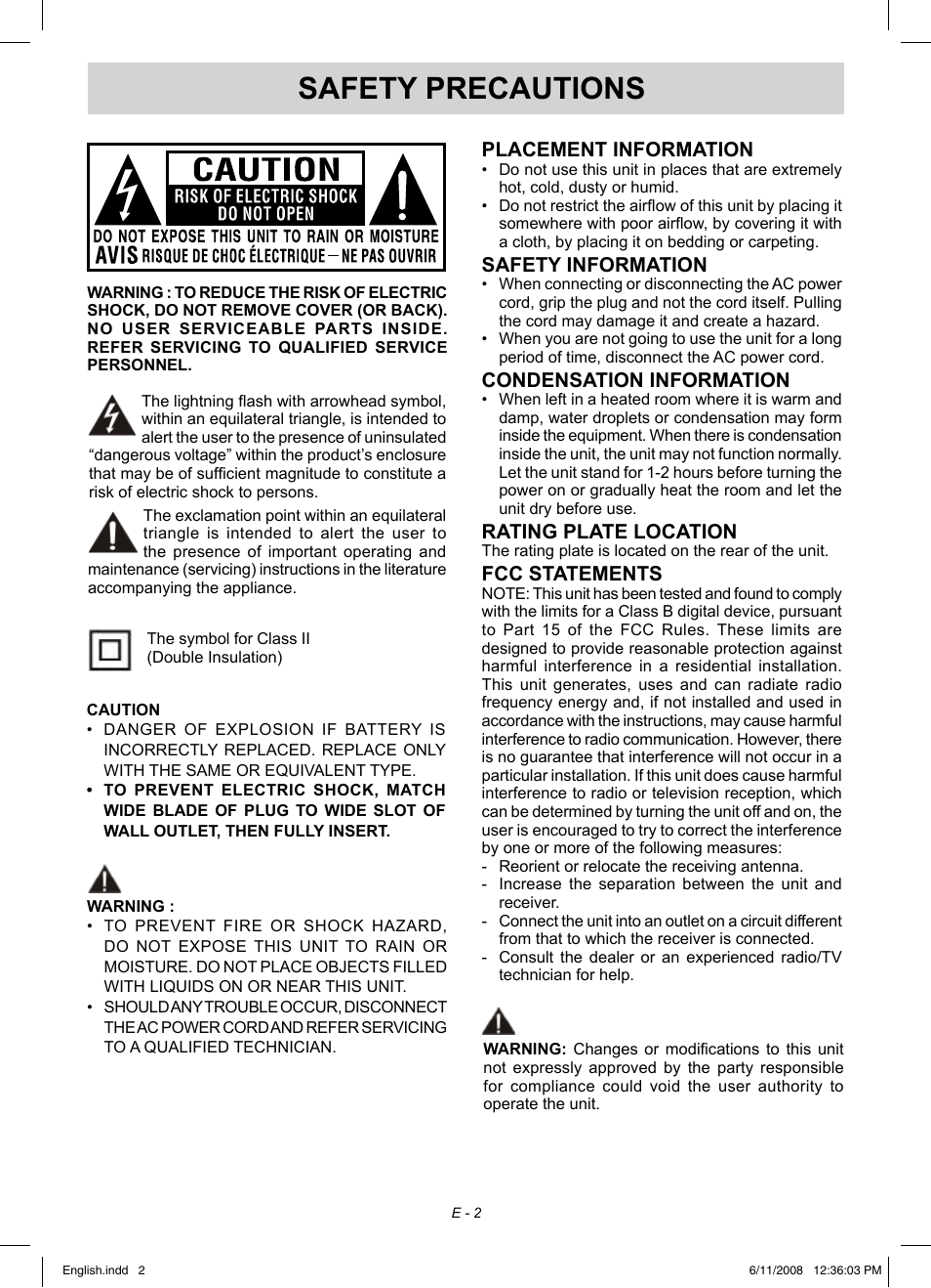 Safety precautions, Placement information, Safety information | Condensation information, Rating plate location, Fcc statements | Audiovox FPE1908 User Manual | Page 2 / 19